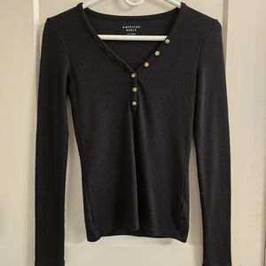 American Eagle Outfitters Button-Detail Black Long Sleeve Tee